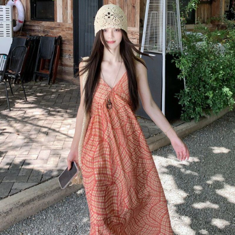 품격 휴가 바람 레트로 슬립 여성 드레스 여름 주황색 체크무늬 V넥 치마 루즈핏 슬림해 보이는 한 마디 롱 스커트