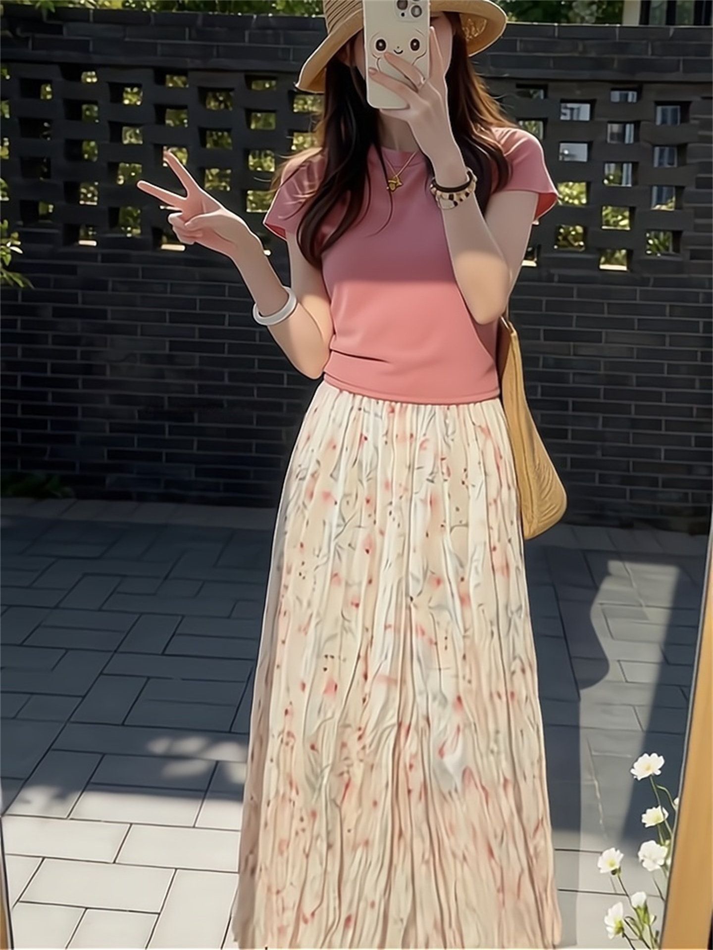 여름 아름다운 장난기 넘치는 작은 세트 고급 센스 품격 허리 수축 슬림해 보이는 핑크색 티셔츠 꽃무늬 반신 스커트 투피스 세트