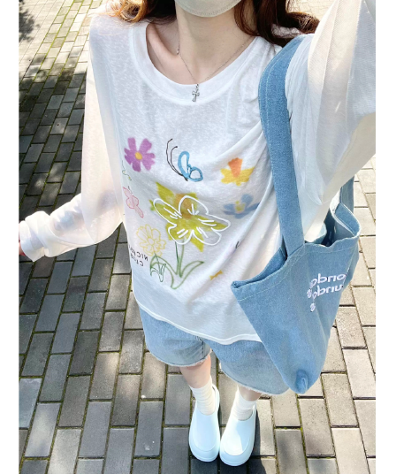 한 부서 화이트 얇고 가벼운 긴팔 티셔츠 자외선 차단 블라우스 여성 여름 주간 실크 루즈핏 외부 가져 가라. 에어컨 셔츠 마이크로 ~을 통해 의류