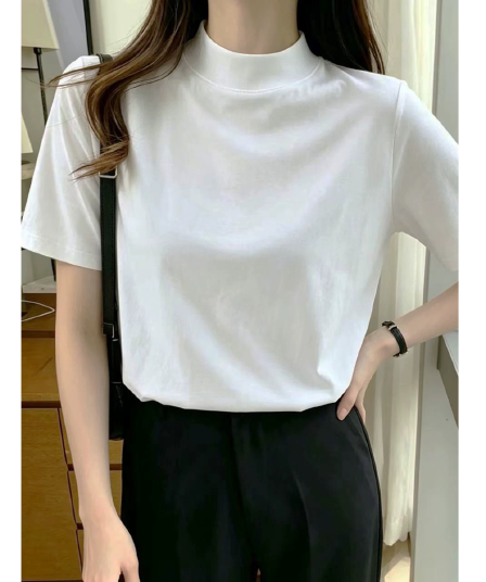 고급 센스 화이트 반하이넥 반팔 긍정적 인 어깨 티셔츠 여성 여름 순면 단색 반소매 기본 셔츠 기초 섹션 맨위