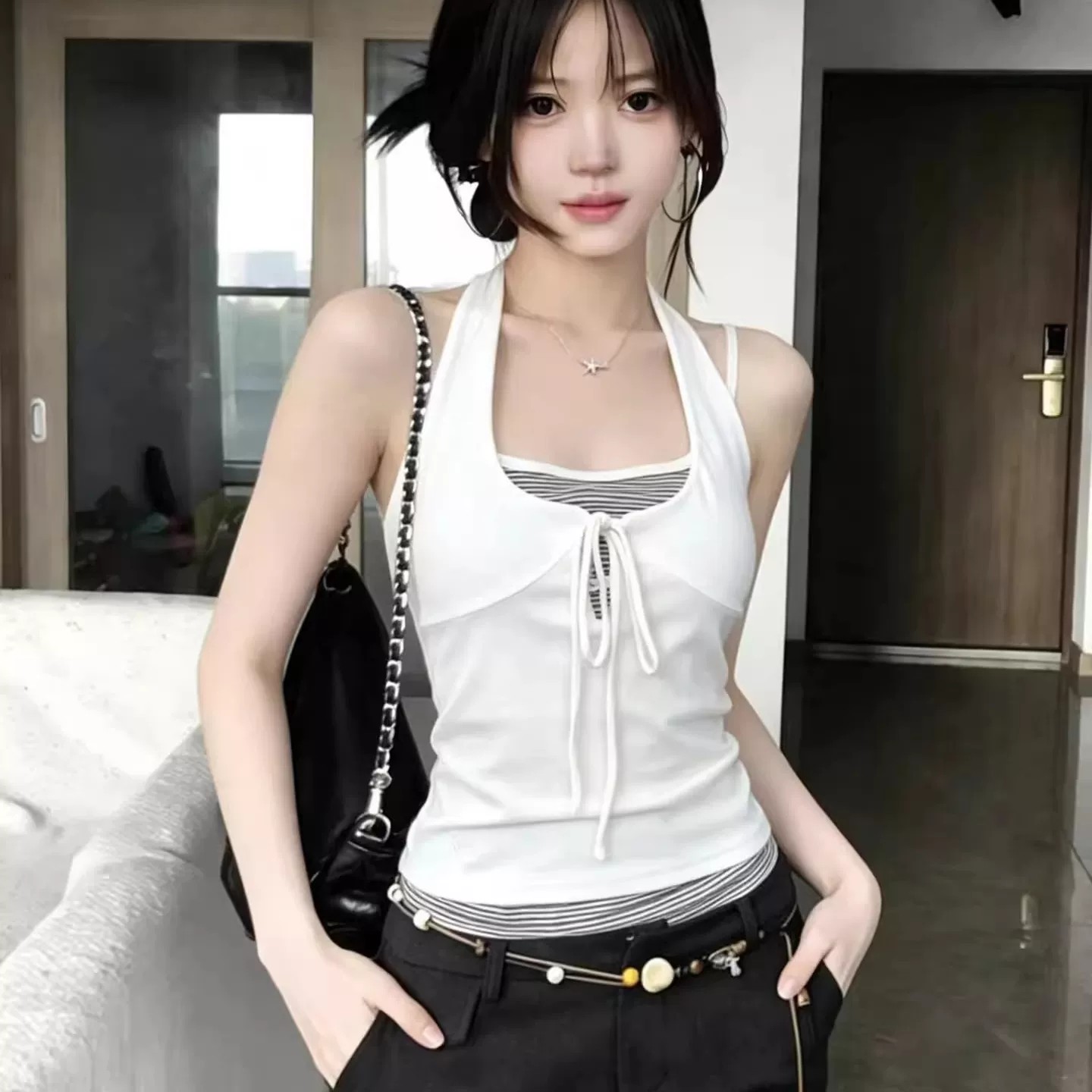 아메리칸 순수한 욕망 인사이드 가져 가라. 행침 목 맨위 여성 여름 새로운 페이크 레이어드 스트라이프 조끼 핫걸 아름다움 뒤로 외출용 슬립