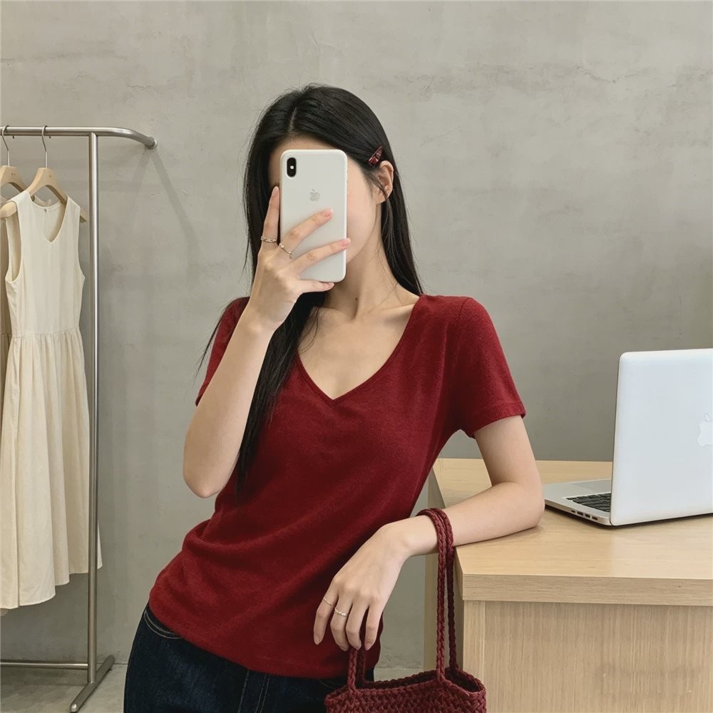 면 92 암모니아 Lun 8 디스플레이 술 빨간색 V넥 반팔 티셔츠 여성 다용도 여름 새로운 슬림해 보이는 허리 긍정적 인 어깨