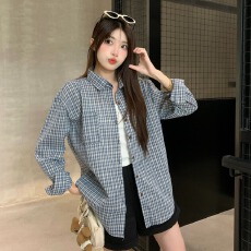 批发实拍小众韩系格子衬衫女早<b class='q'>秋</b>百搭宽松慵懒风上衣外搭格纹衬衣外套