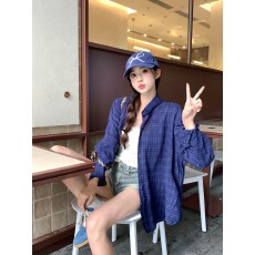 批发实拍日系气质复古深蓝色纯棉格子<b class='q'>衬衫</b>女早秋2025冷淡系高级感上衣