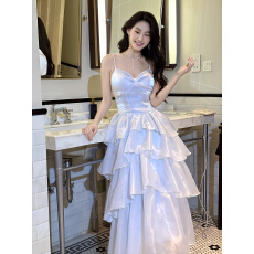 批发法式小资蓝色吊带修身连衣<b class='q'>裙</b>生日礼服蝴蝶结设计小众优雅多层次<b class='q'>裙</b>