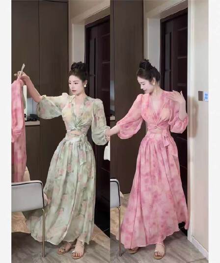 프랑스식 아름다운 고유 한 십자가 칼라 드레스 달콤함 세트 순수한 욕망 꽃무늬 여름 v 스트랩 쇼트 스타일 긴팔 켜기