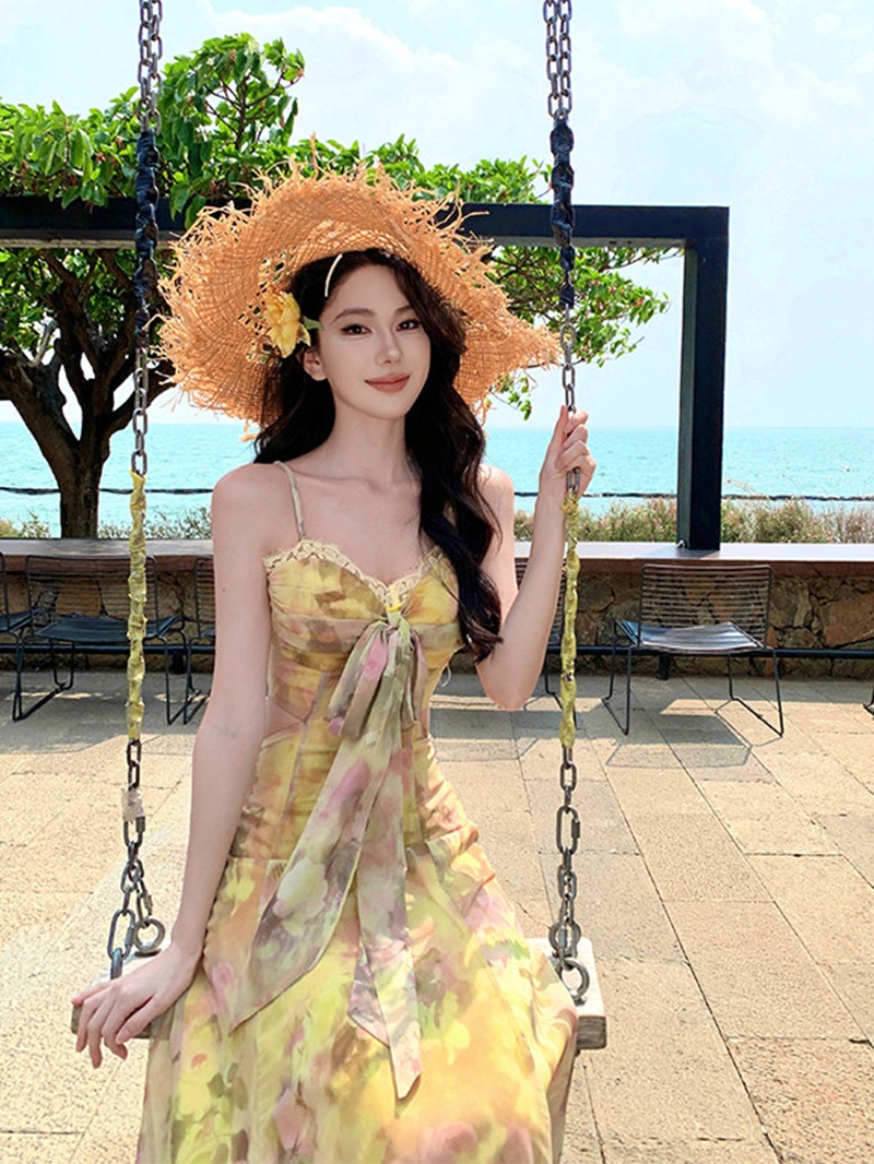 해변가 딩 Da 서울 휴가 황색 드레스 여름 아름다운 섬 밝은 도파민 태국 사람 스타일 고유 한 작은 슬링