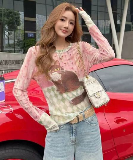 빅 사이즈 지방 mm 새끼 고양이 꽃무늬 이중층 망사 긴팔 티셔츠 여성 여름 새로운 슬림해 보이는 귀여운 기본 셔츠 맨위