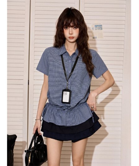 아메리칸 핫걸 파란색 체크무늬 긍정적 인 어깨 반팔 여성 셔츠 여름 몸매 가꾸기 허리 수축 디자인 센스 쇼트 스타일 셔츠 맨위