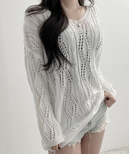 화이트 홀로우 아웃 펌프 로프 스트랩 V넥 자외선 차단 니트 스웨터 여성 여름 이른 가을 얼음 실크 얇은 스타일 에어컨 블라우스 맨위