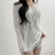 批发白色镂空抽绳绑带v领防晒针织<b class='q'>衫</b>女夏季早秋冰丝薄款<b class='q'>空调</b>罩<b class='q'>衫</b>上衣