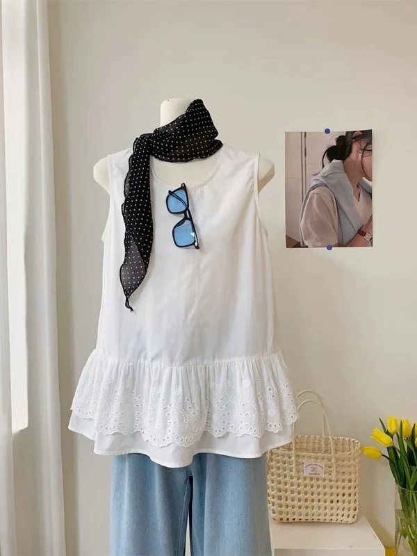 한 스타일 품격 패치워크 레이스 옆으로 눕다. 진자 조끼 여성 여름 스택 착용 순수한 욕망 센스 루즈핏 단어 어깨 민소매 맨위