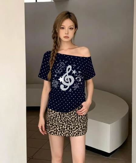 220 그램 40 순면 오스트리아 세대 서울 도트 무늬 비스듬한 어깨 반팔 티셔츠 여성