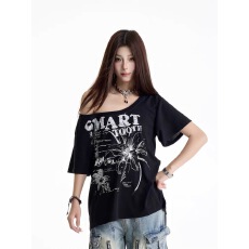 批发220克92%棉8%氨纶美式辣妹斜肩字母印花短袖T恤<b class='q'>女</b>