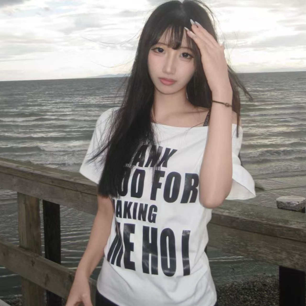 220 그램 92 면 8 암모니아 Lun 아메리칸 핫걸 비스듬한 어깨 알파벳 프린트 반팔 티셔츠 여성