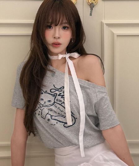 220 그램 92 면 8 암모니아 Lun 아메리칸 핫걸 비스듬한 어깨 알파벳 프린트 반팔 티셔츠 여성