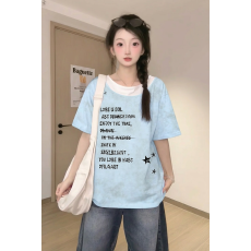 批发官图32支双纱纯棉短袖t恤女装夏<b class='q'>新款</b>复古宽松假两件圆领上衣