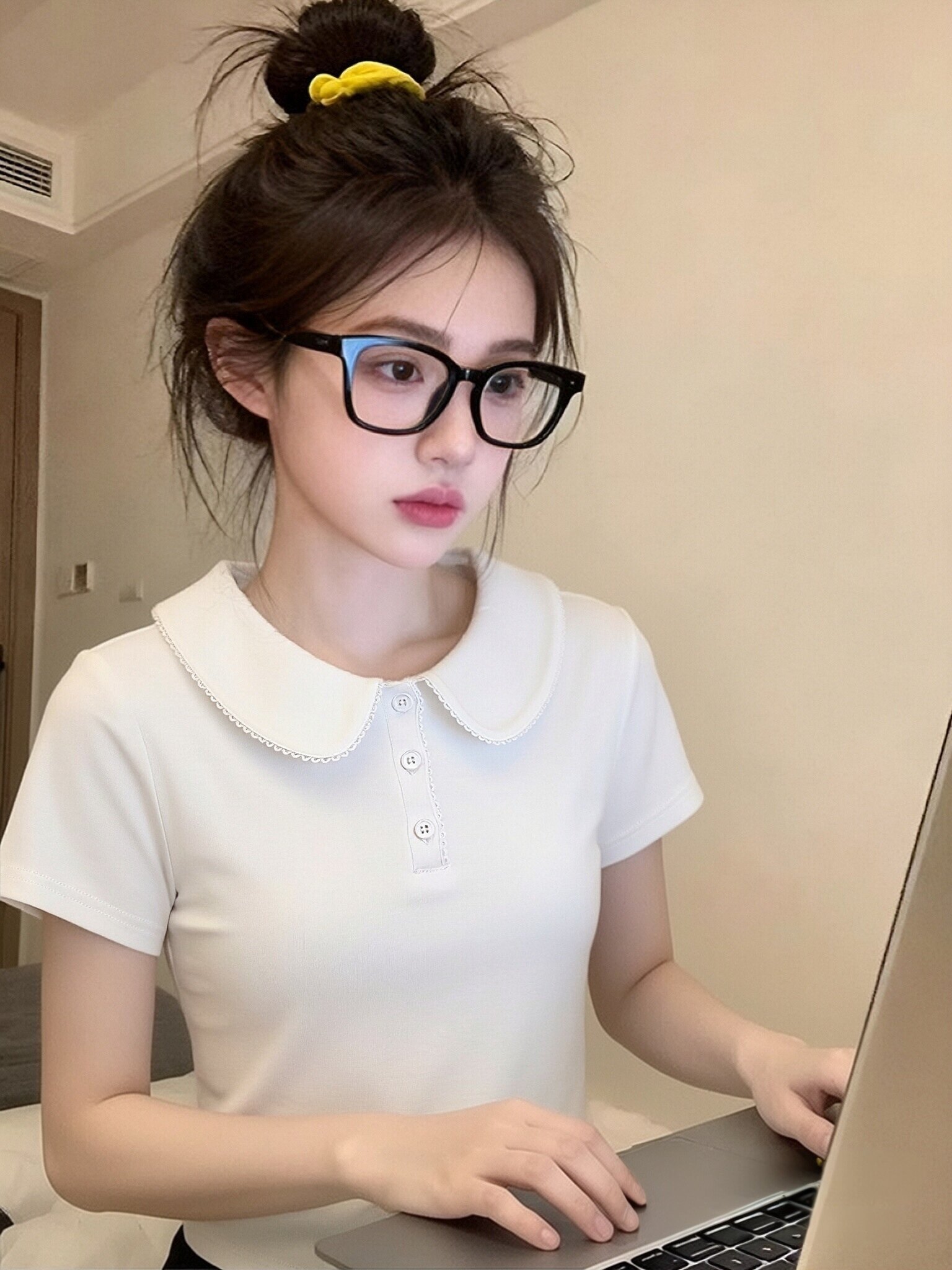 경관 그림 1 1 리브 220 그램 반팔 티셔츠 여성 의류 여름 새로운 단색 몸매 가꾸기 슬림해 보이는 베이비 칼라 맨위