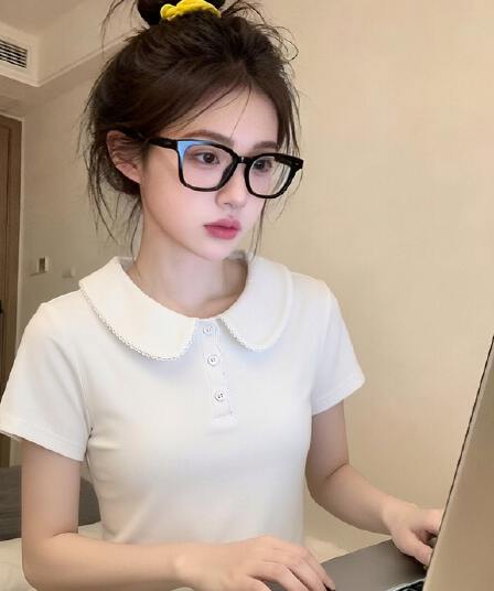 경관 그림 1 1 리브 220 그램 반팔 티셔츠 여성 의류 여름 새로운 단색 몸매 가꾸기 슬림해 보이는 베이비 칼라 맨위