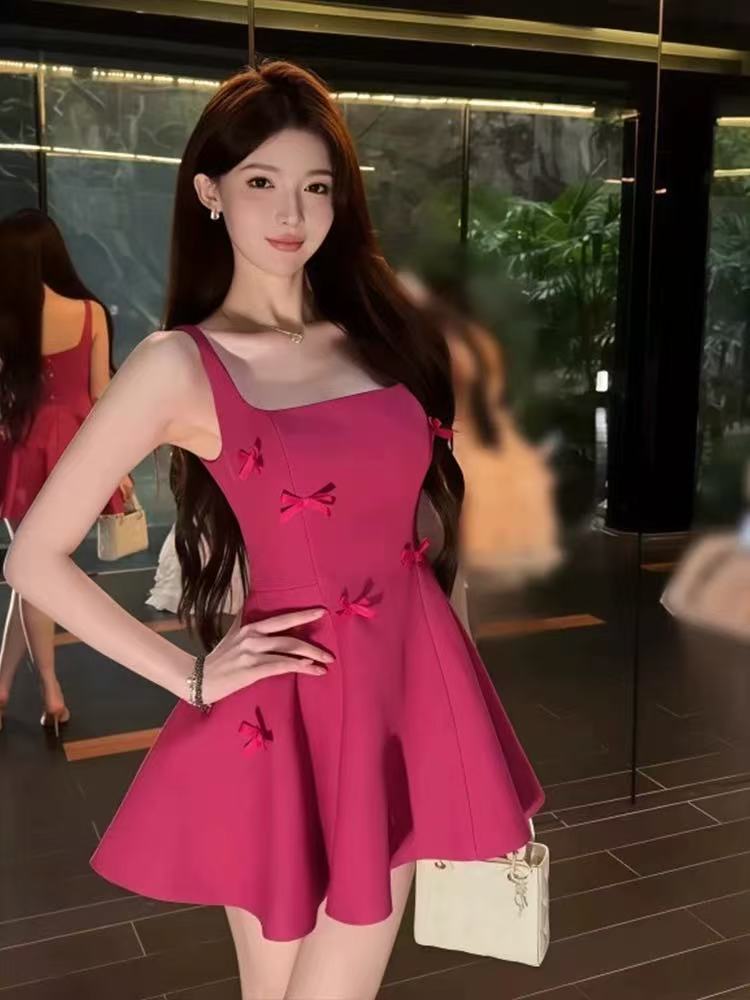 장미 핑크색 나비 매듭 광장 칼라 슬립 여성 드레스 여름 순수한 욕망 바람 치마 고급 센스 품격 한 마디 미니 스커트