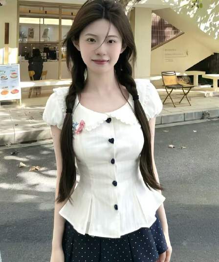 화이트 베이비 칼라 거품 소매 쇼트 스타일 여성 셔츠 여름 핫걸 세트 도트 무늬 플리츠 스커트 반신 스커트 투피스 세트