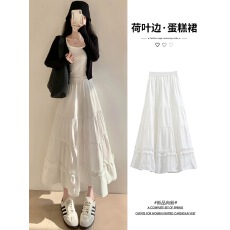 批发白色荷叶边半身裙女春夏秋2026<b class='q'>新款</b>高腰显瘦中长a字芭蕾风蛋糕裙