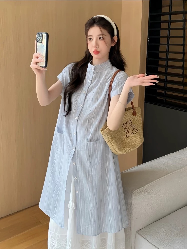 프랑스식 달콤함 스트라이프 반팔 셔츠 여성 드레스 여름 해변가 휴가 바람 품격 루즈핏 슬림해 보이는 A라인 스커트