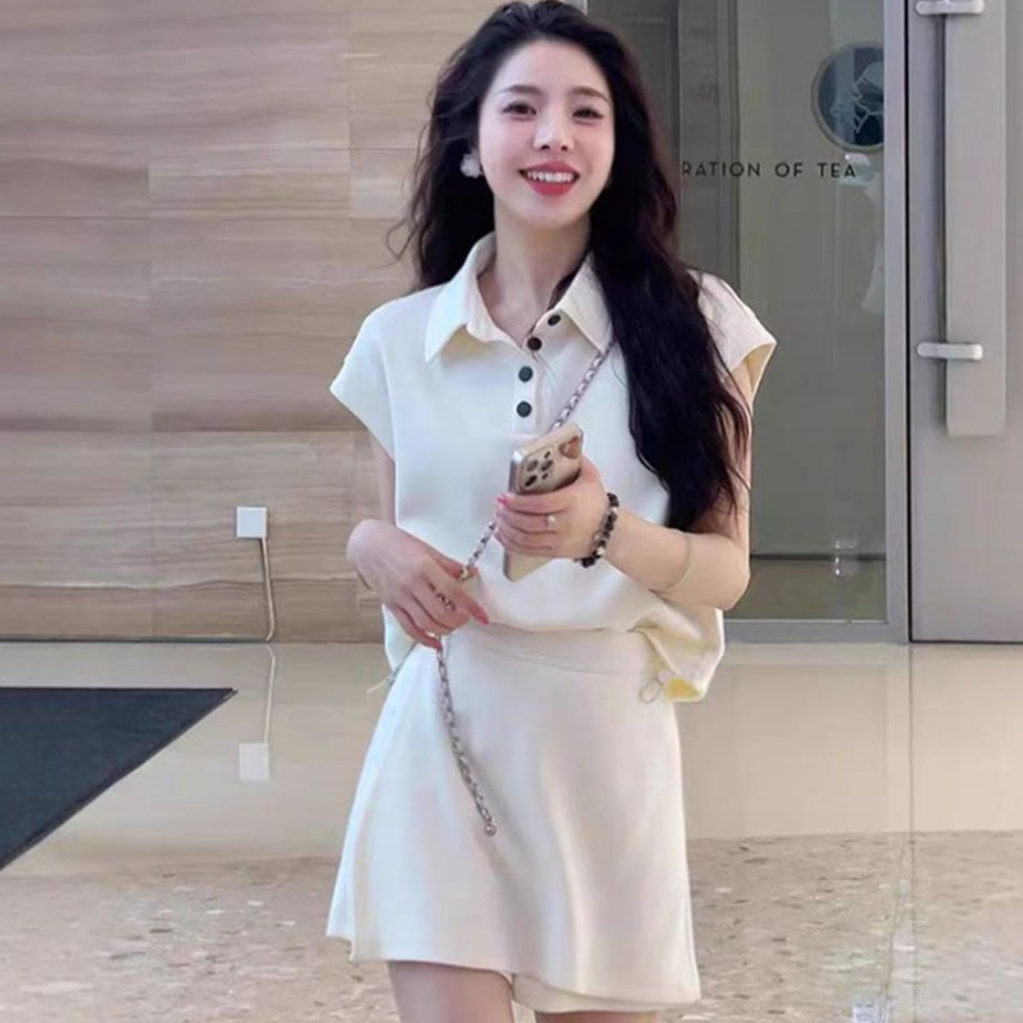 패션 세트 여성 여름 새로운 작은 대중 디자인 센스 살구 색상 POLO 칼라 반팔 하이웨이스트 다용도 반바지 투피스 세트