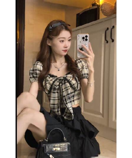 나비 매듭 거품 소매 격자 무늬 셔츠 디자인 센스 쇼트 스타일 프랑스식 광장 칼라 맨위 다용도 슬림해 보이는 여성