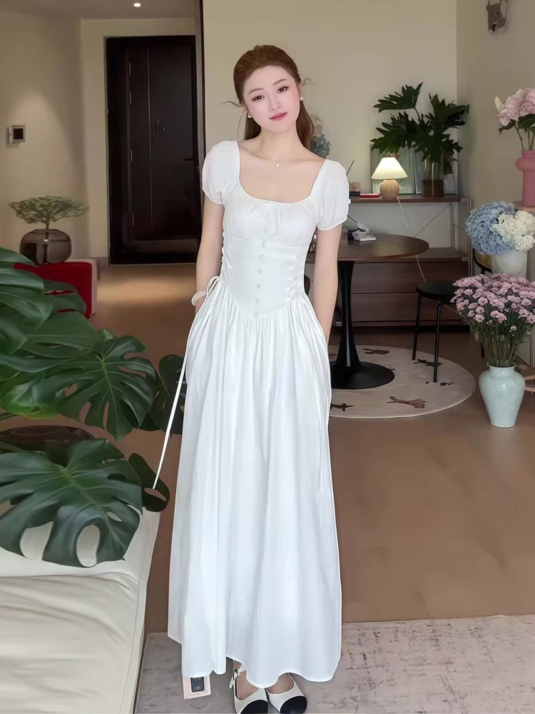 프랑스식 부드러운 바람 고급 센스 십자가 레이스업 화이트 드레스 아이들 여름 드레스 슬림해 보이는 허리 수축 반팔 A라인 스커트