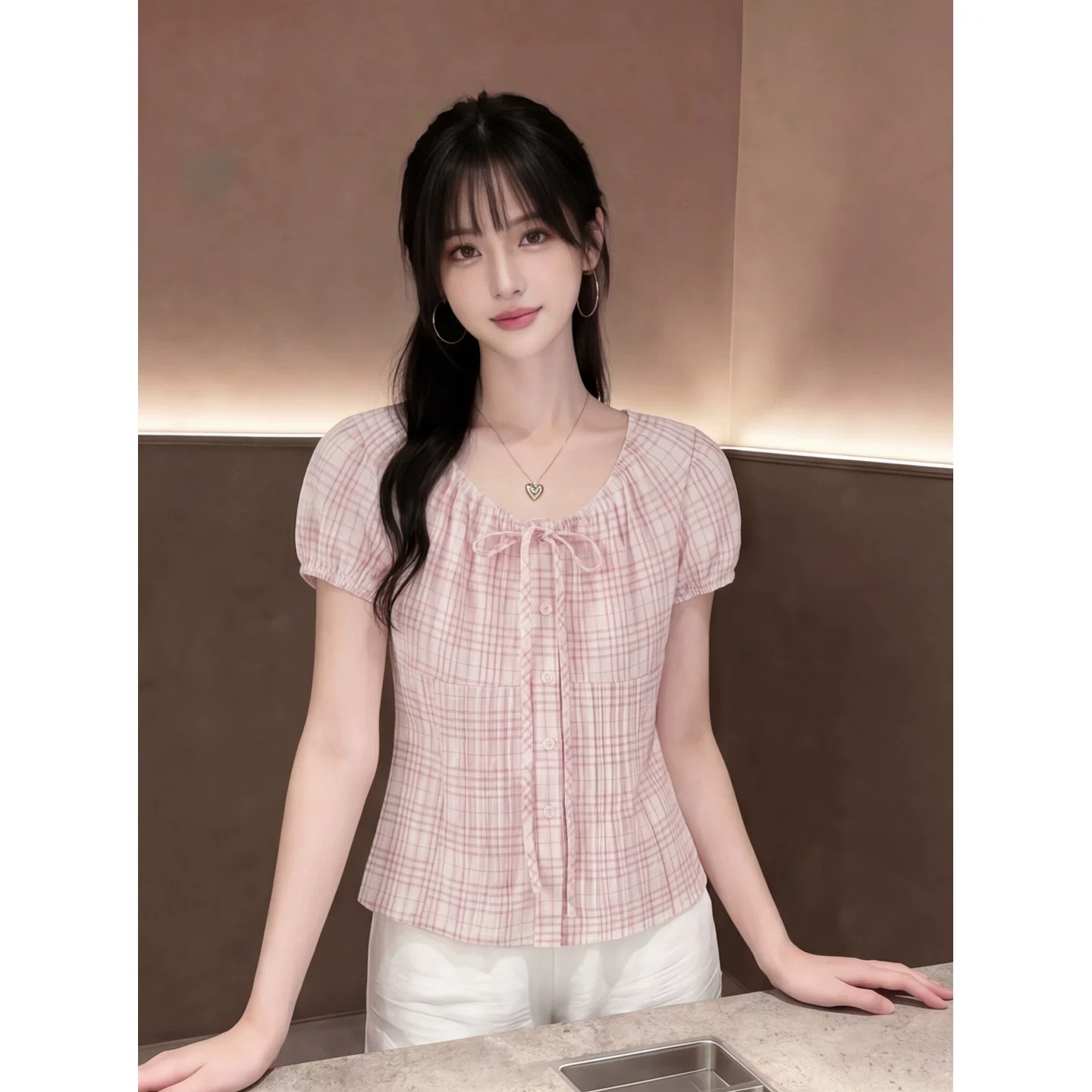 달콤함 라운드 넥 나비 넥타이 체크무늬 거품 소매 여성 셔츠 여름 연령 감소 학원 스타일 허리 수축 슬림해 보이는 맨위