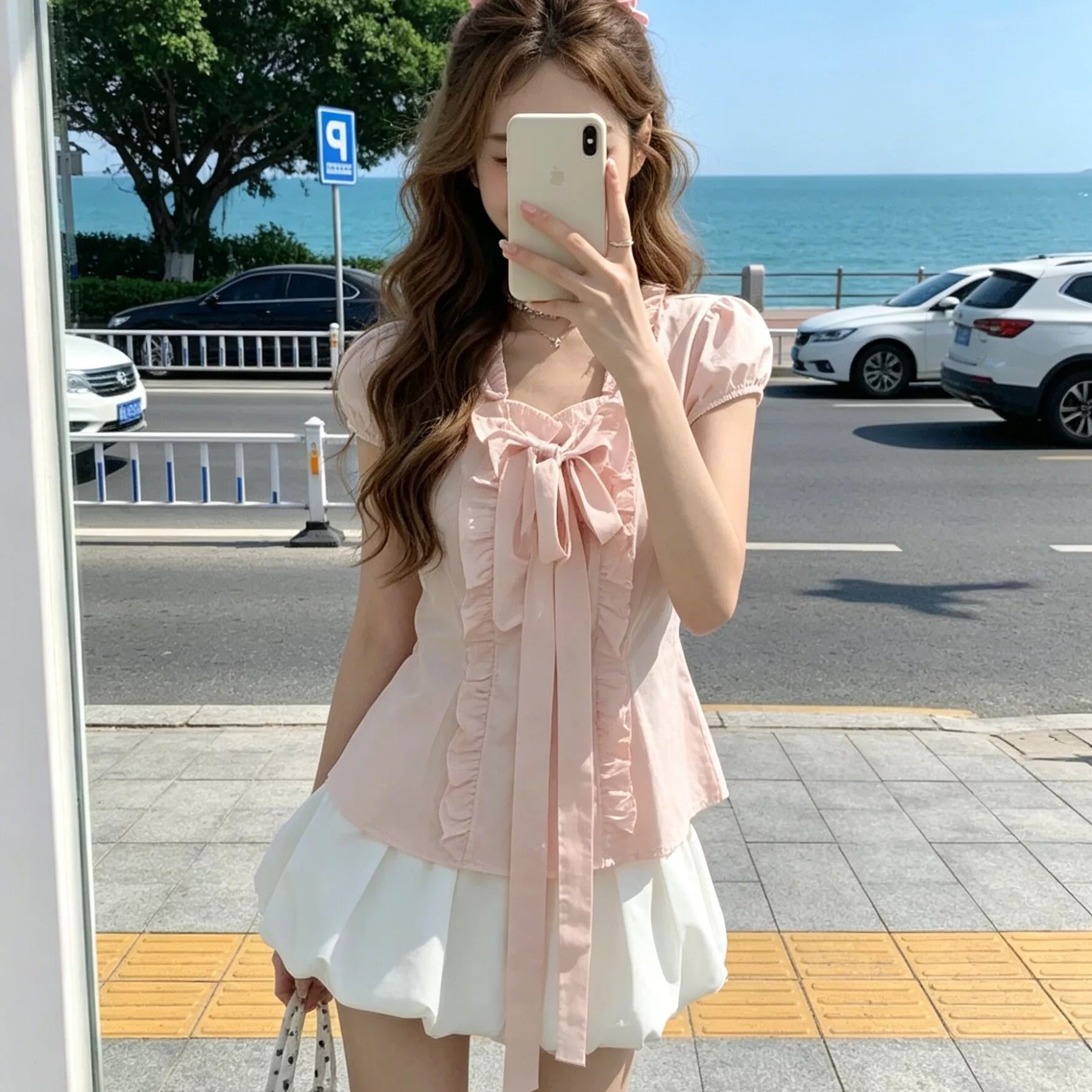 반팔 달콤한 스타일 프릴 나비 매듭 여성 셔츠 허리 수축 슬림해 보이는 프랑스식 부드러운 바람 거품 소매 맨위 여름