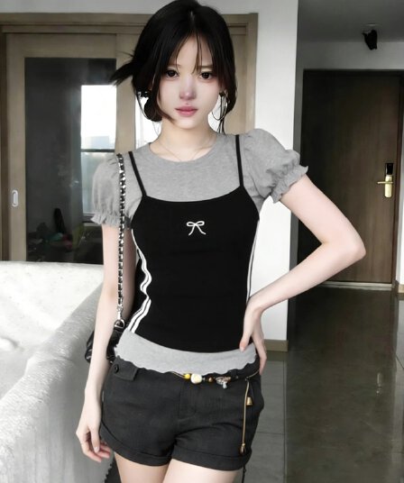 사람들 면 260 그램 페이크 레이어드 버블 반팔 티셔츠 여성 여름 몸매 가꾸기 새로운 슬림해 보이는 스택 착용 품격 핫걸 맨위