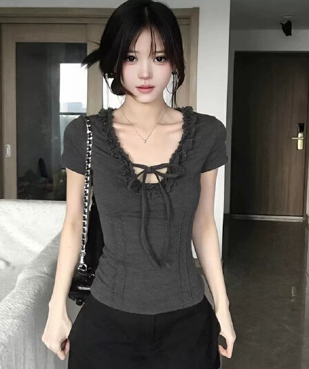 사람들 면 260 그램 아메리칸 핫걸 V넥 레이스 레이스 레이스업 반팔 티셔츠 여성 여름 고유 한 아름다운 맨위
