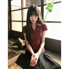 批发韩系复古红色<b class='q'>格子</b>polo领正肩短袖衬衫女夏季独特漂亮修身显瘦上衣