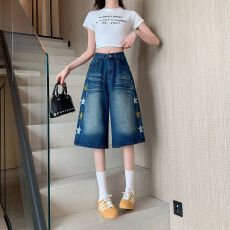 批发实拍~美式星星刺绣水洗牛仔<b class='q'>七分裤</b><b class='q'>女</b>夏季休闲中裤阔腿短裤子