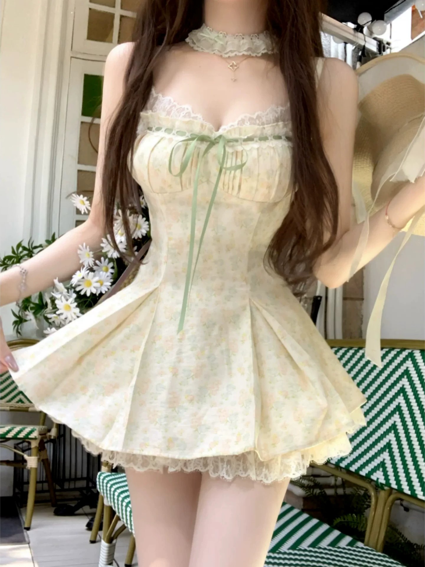 순수한 욕망 달콤함 미니 스커트 봄 여름 허리 수축 슬림해 보이는 디자인 센스 레이스 조각 슬립 드레스 오픈 가디건 세트 여성
