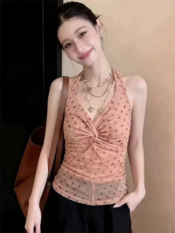 프랑스식 달콤한 스타일 도트 무늬 V넥 비틀림 캐미솔 여름 몸매 가꾸기 슬림해 보이는 고유 한 Chic 민소매 맨위