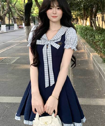 여름 새로운 한 부서 학원 스타일 패션 연령 감소 디자인 나비 매듭 페이크 레이어드 드레스 여자 학생 A라인 스커트