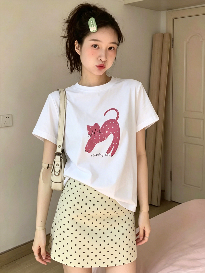 경관 그림 21 순면 210 그램 이후 패키지 칼라 여름 드레스 한 부서 반팔 티셔츠 여성 한국 스타일 루즈핏 빅 사이즈 프린트