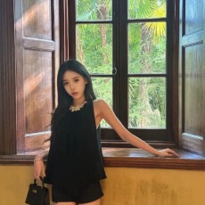 批发法式复古高级感无袖挂脖衬衫女夏季设计感小众宽松<b class='q'>中长款</b>气质上衣