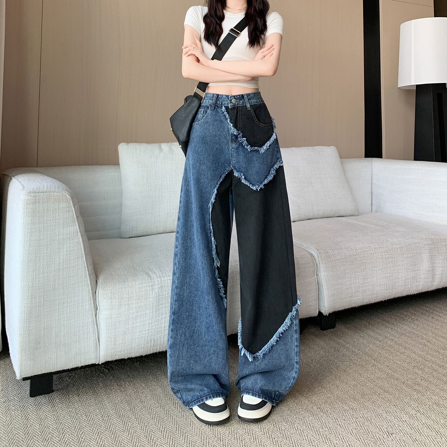 실사 새로운 아메리칸 레트로 거친 가장자리 하트 패치워크 배색 청바지 여성 새로운 루즈핏 스트레이트 와이드 레그 팬츠