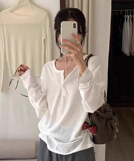 눈꽃 면 165 그램 반 개방 칼라 마이크로 ~을 통해 자외선 차단 블라우스 루즈핏 느긋한 바람 슬림해 보이는 긴팔 티셔츠