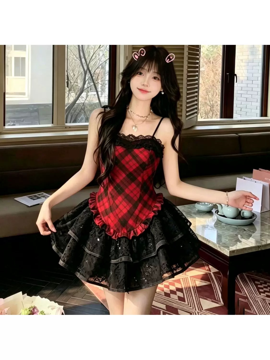 직접 만든 소녀 프랑스식 체크무늬 슬립 드레스 쇼트 스타일 퍼프 스커트 달콤한 매운맛 바람 빨간색 검은 격자 party 작은 치마