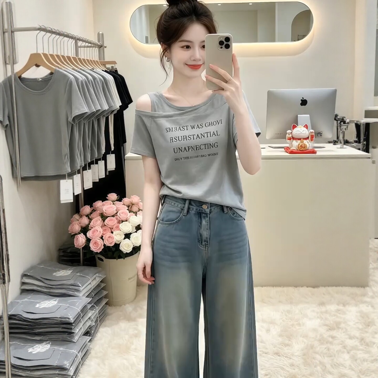 페이크 레이어드 알파벳 프린트 반팔 티셔츠 여성 여름 2026 새로운 지방 mm 슬림해 보이는 디자인 센스 오프숄더 맨위