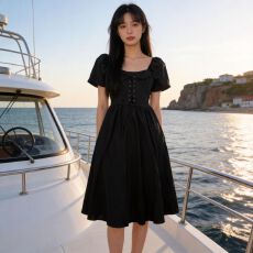 批发大码女装夏季新款微胖连衣裙气质名媛淑女风显瘦遮肉小黑裙