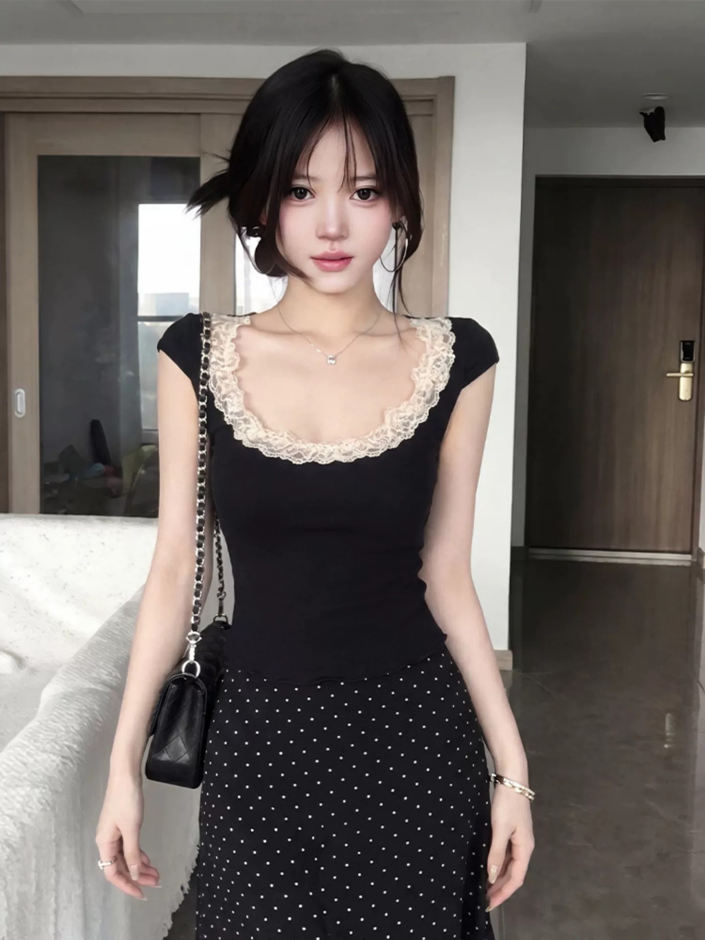 260 그램 사람들 면 순수한 욕망 레이스 레이스 u 칼라 반팔 티셔츠 여성 여름 섹시함 허리 수축 몸매 가꾸기 슬림해 보이는 다용도 맨위