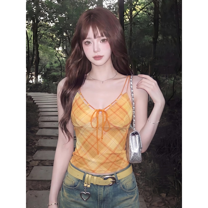 메시 원단 안감 주황색 체크무늬 캐미솔 여름 레이스업 허리 수축 핫걸 착용 가져 가라. 아름다운 ins 맨위