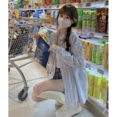批发蓝色条纹polo领长袖衬衫女装夏季薄款宽松防晒衬衣<b class='q'>中长款</b>上衣
