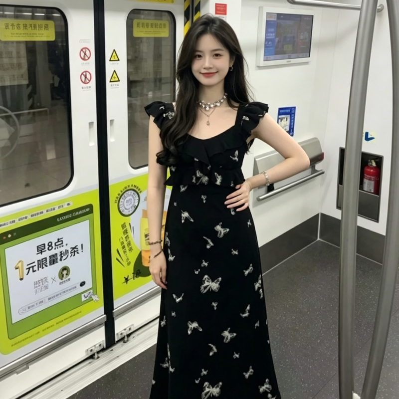 검정색 고급 센스 나비 비행 소매 드레스 2026 새로운 여성 여름 착용 가져 가라. 올해 인기 민소매 롱 스커트